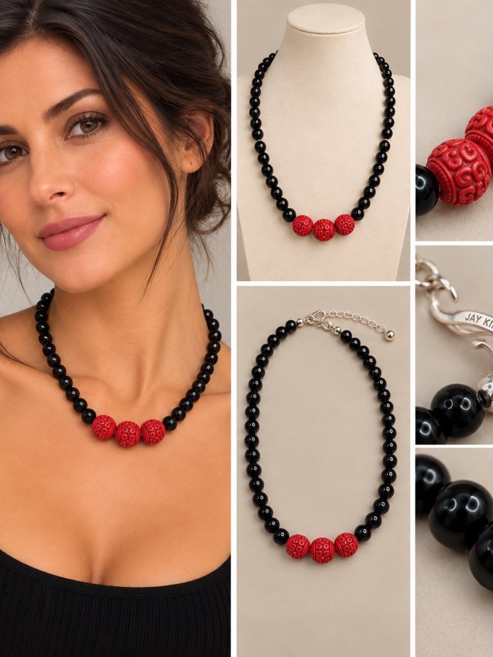 Jay King Black Beaded Necklace Red Carved Accent Beads Sterling Silver 925 22"